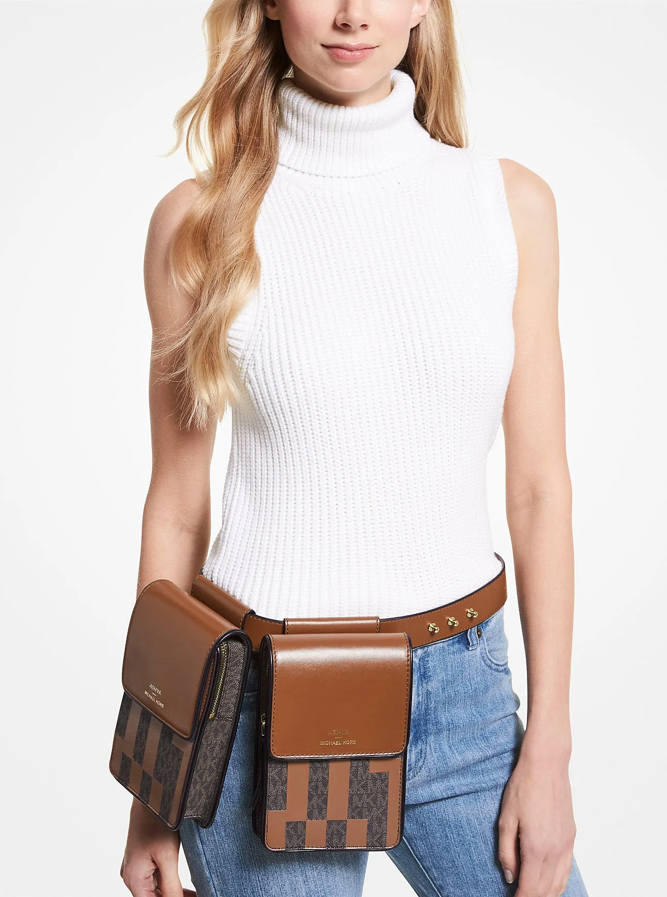 ASHYA X MICHAEL KORS Saga Signature Michael Kors Multifunctional Leather Bag, Brown
