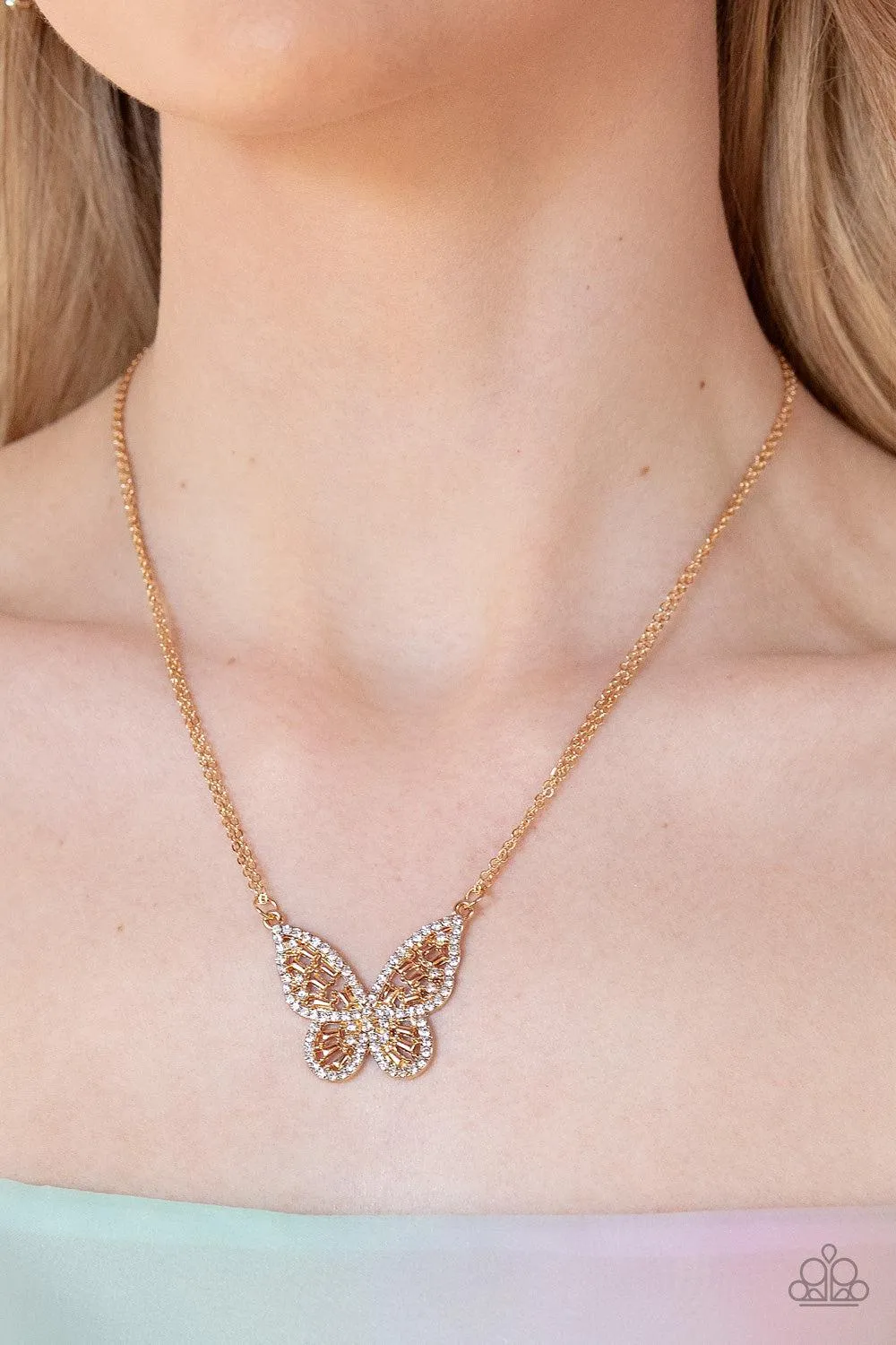 Baroque Butterfly Gold Rhinetone Butterfly Necklace - Paparazzi Accessories