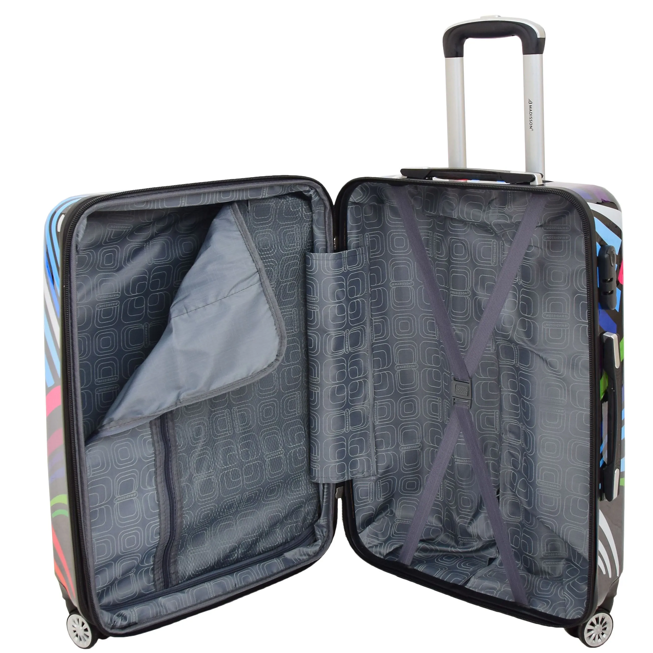 Four Wheels Multi Hearts Printed Suitcase Cosmos Black