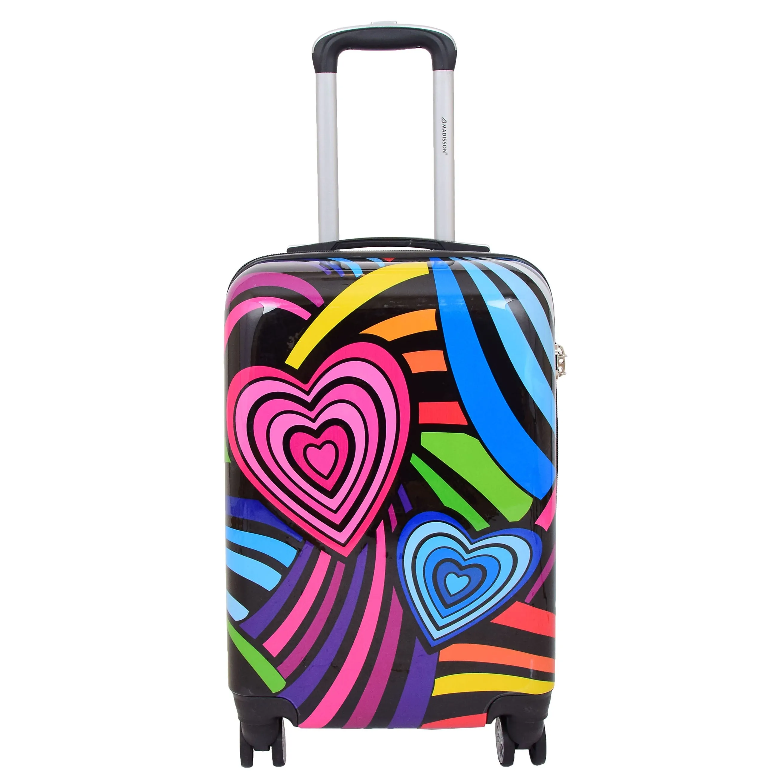 Four Wheels Multi Hearts Printed Suitcase Cosmos Black
