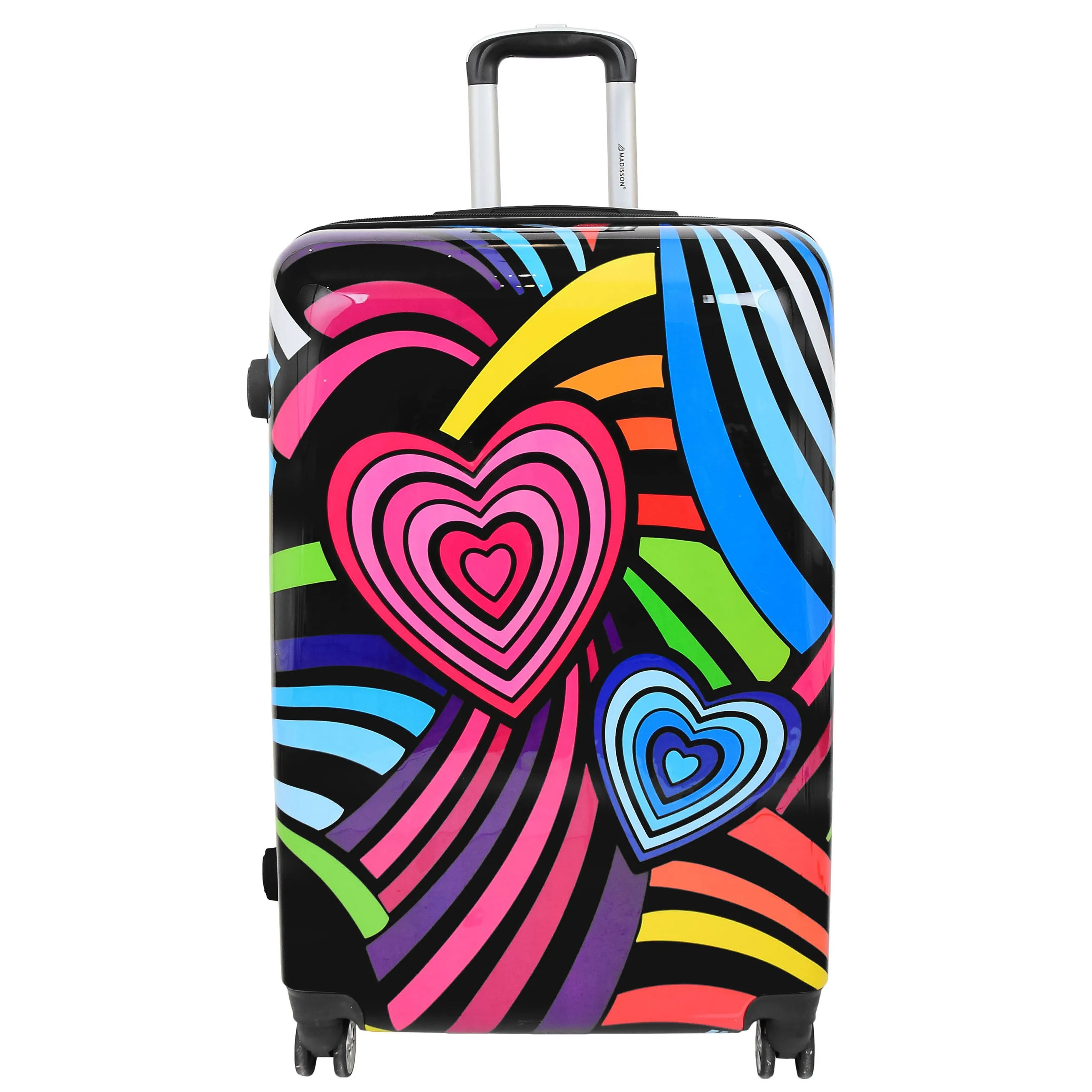 Four Wheels Multi Hearts Printed Suitcase Cosmos Black