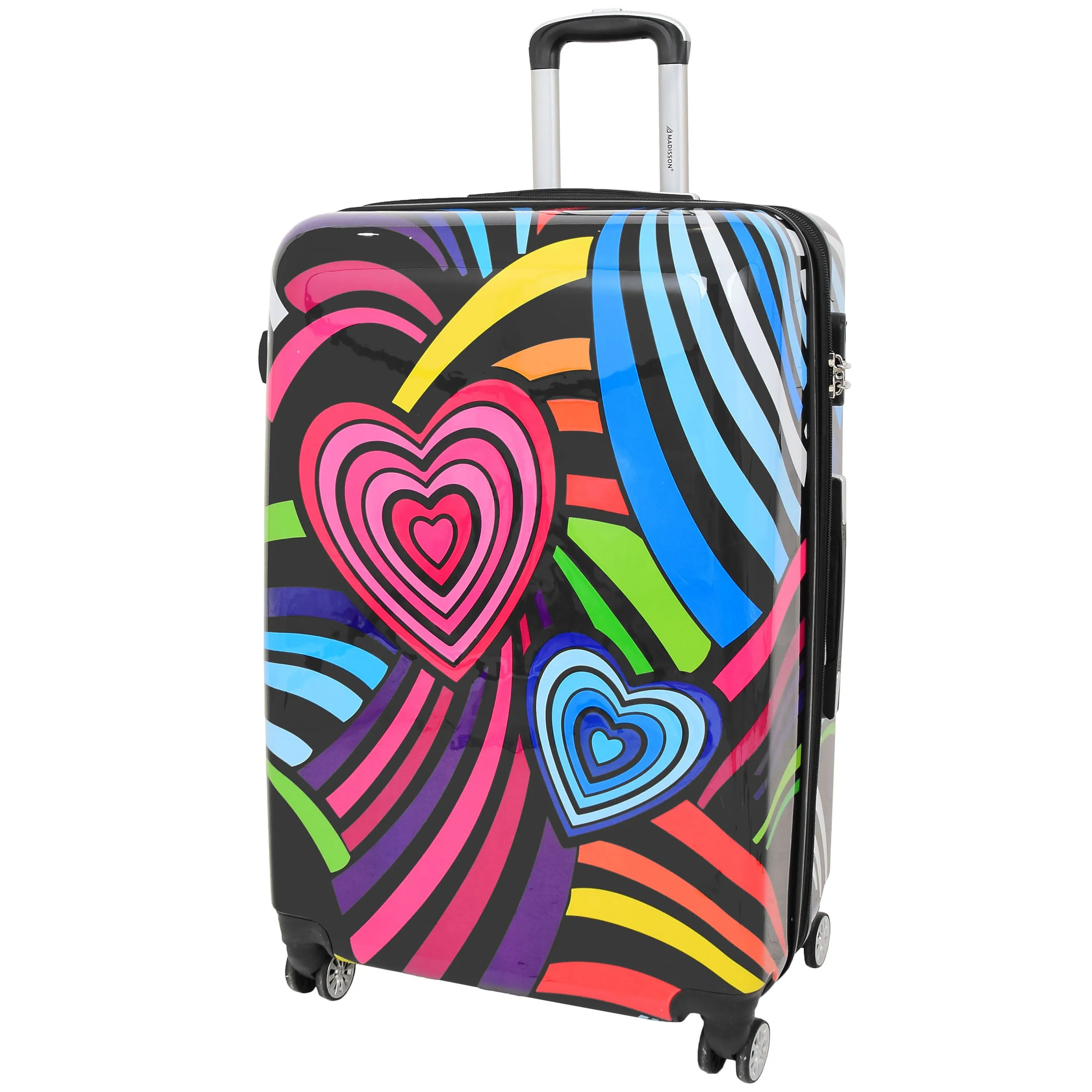 Four Wheels Multi Hearts Printed Suitcase Cosmos Black
