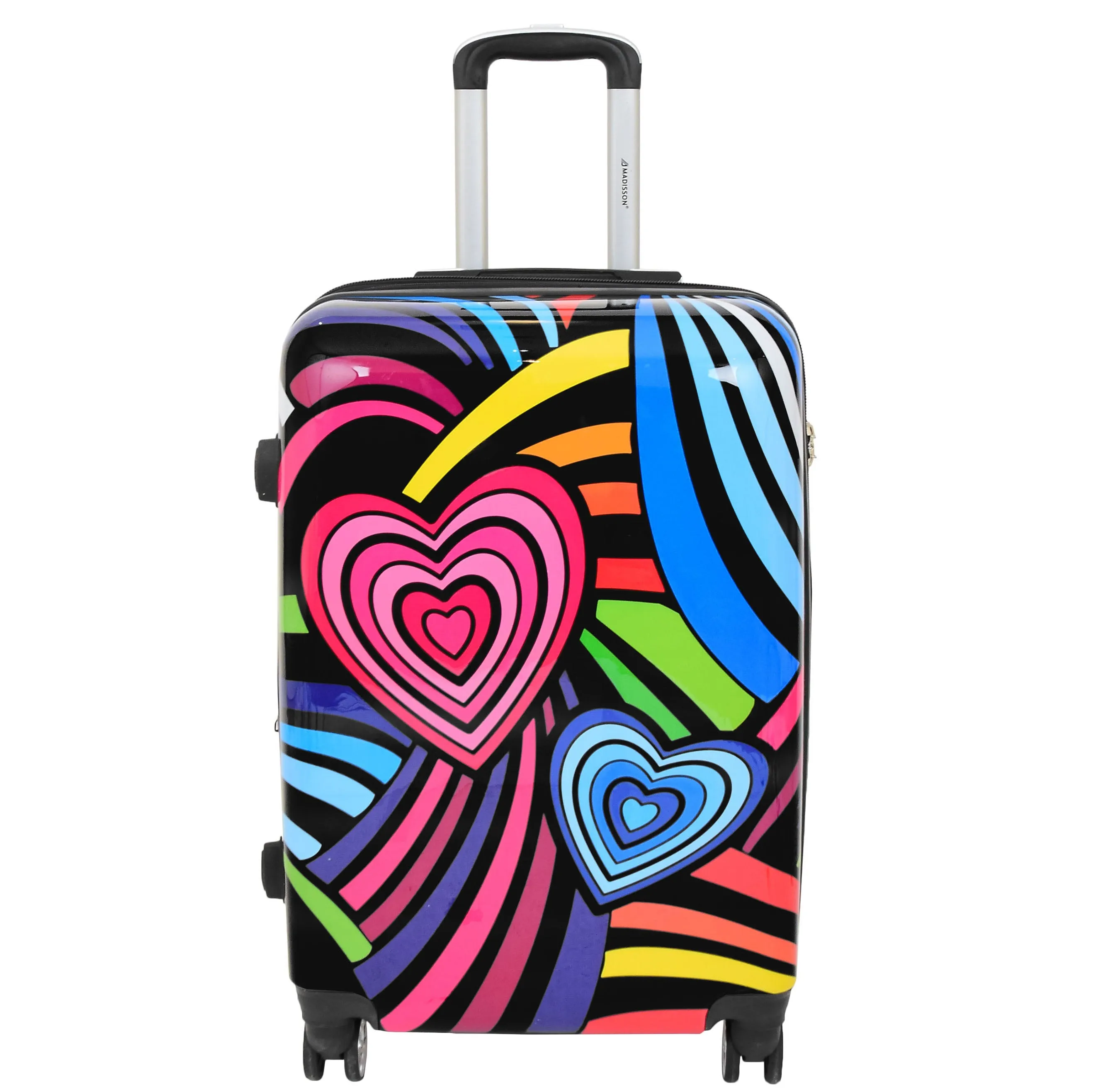 Four Wheels Multi Hearts Printed Suitcase Cosmos Black