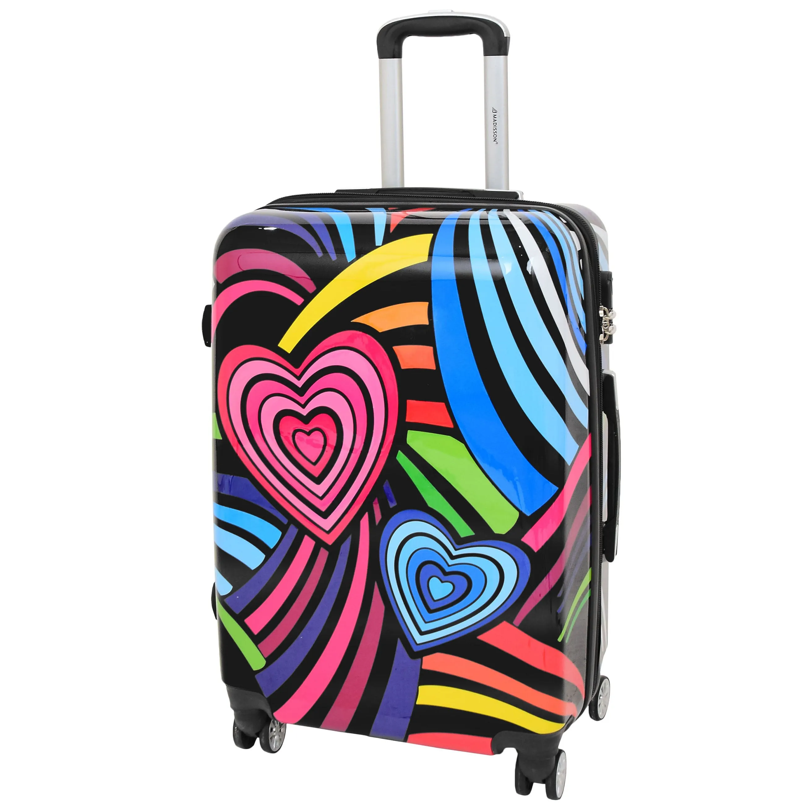 Four Wheels Multi Hearts Printed Suitcase Cosmos Black