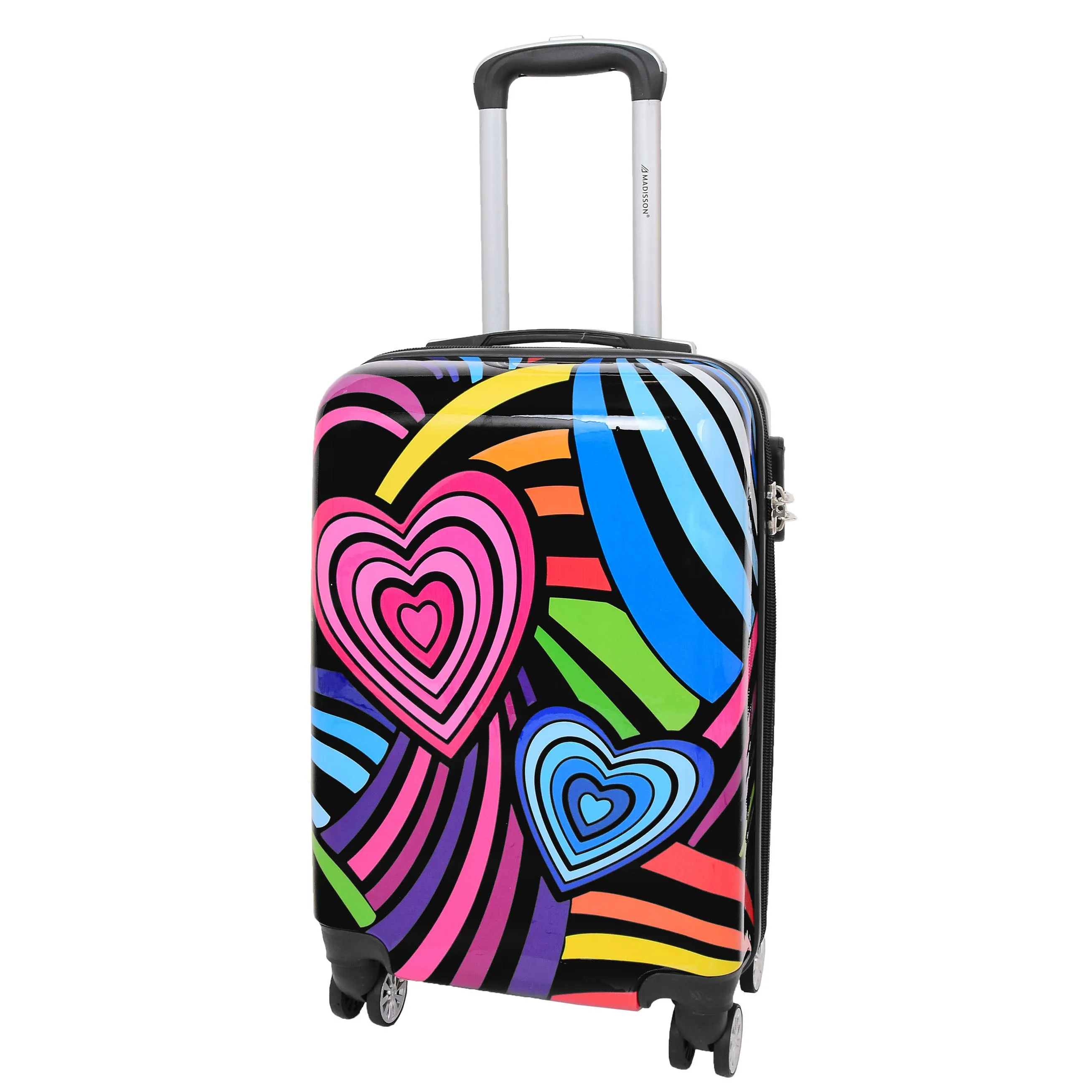 Four Wheels Multi Hearts Printed Suitcase Cosmos Black