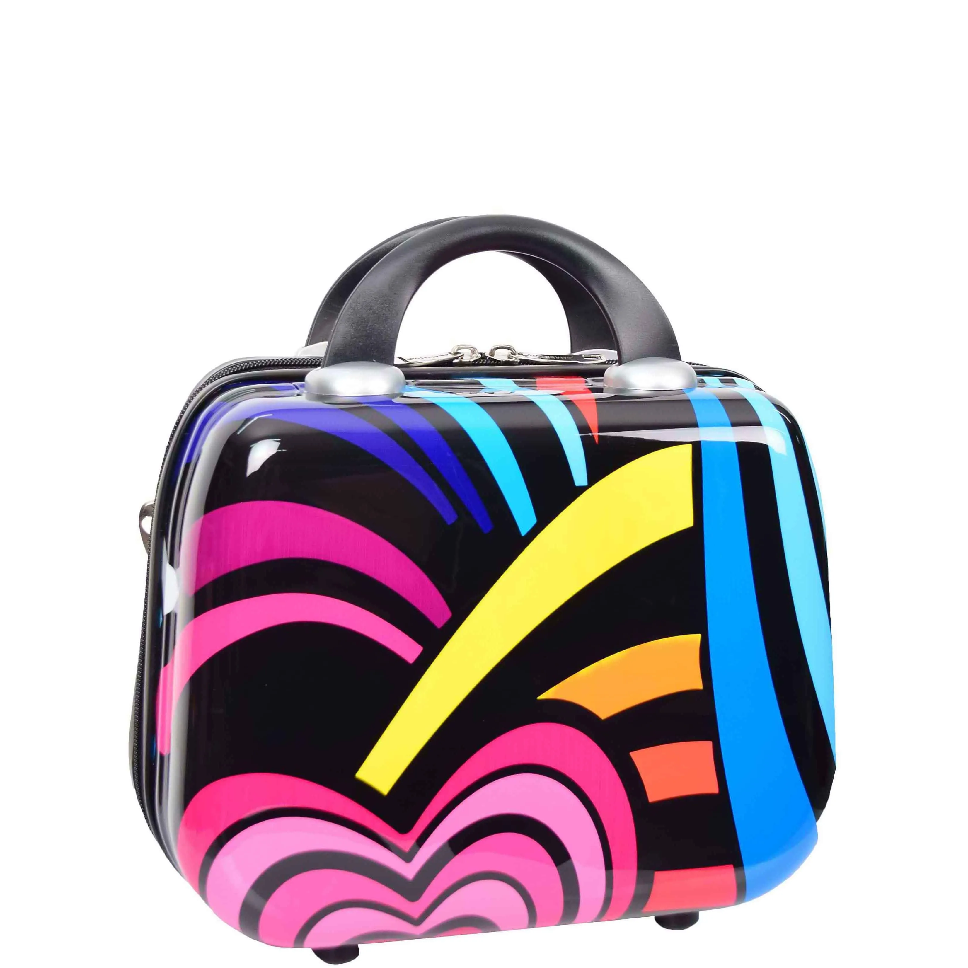 Four Wheels Multi Hearts Printed Suitcase Cosmos Black