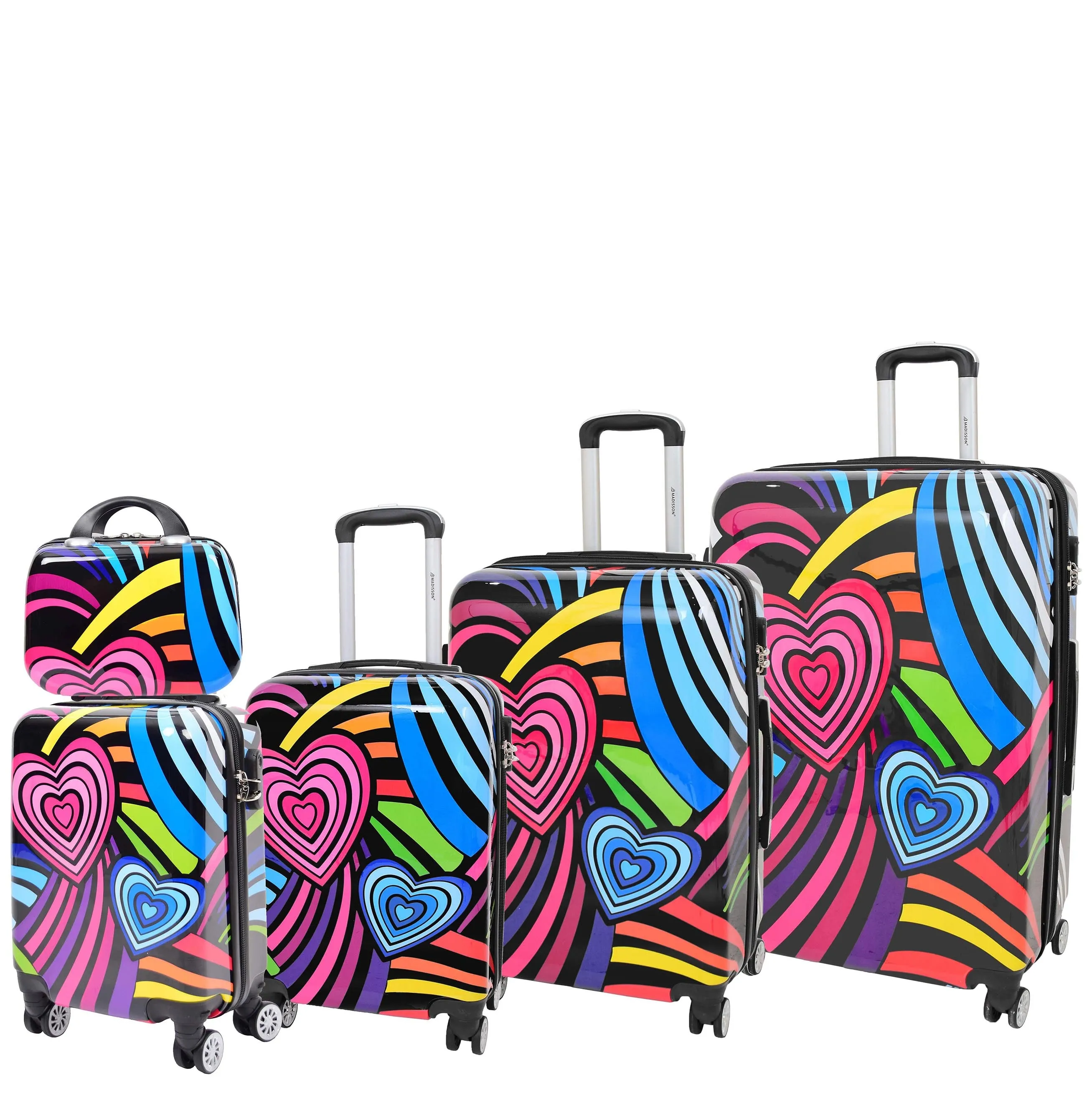 Four Wheels Multi Hearts Printed Suitcase Cosmos Black
