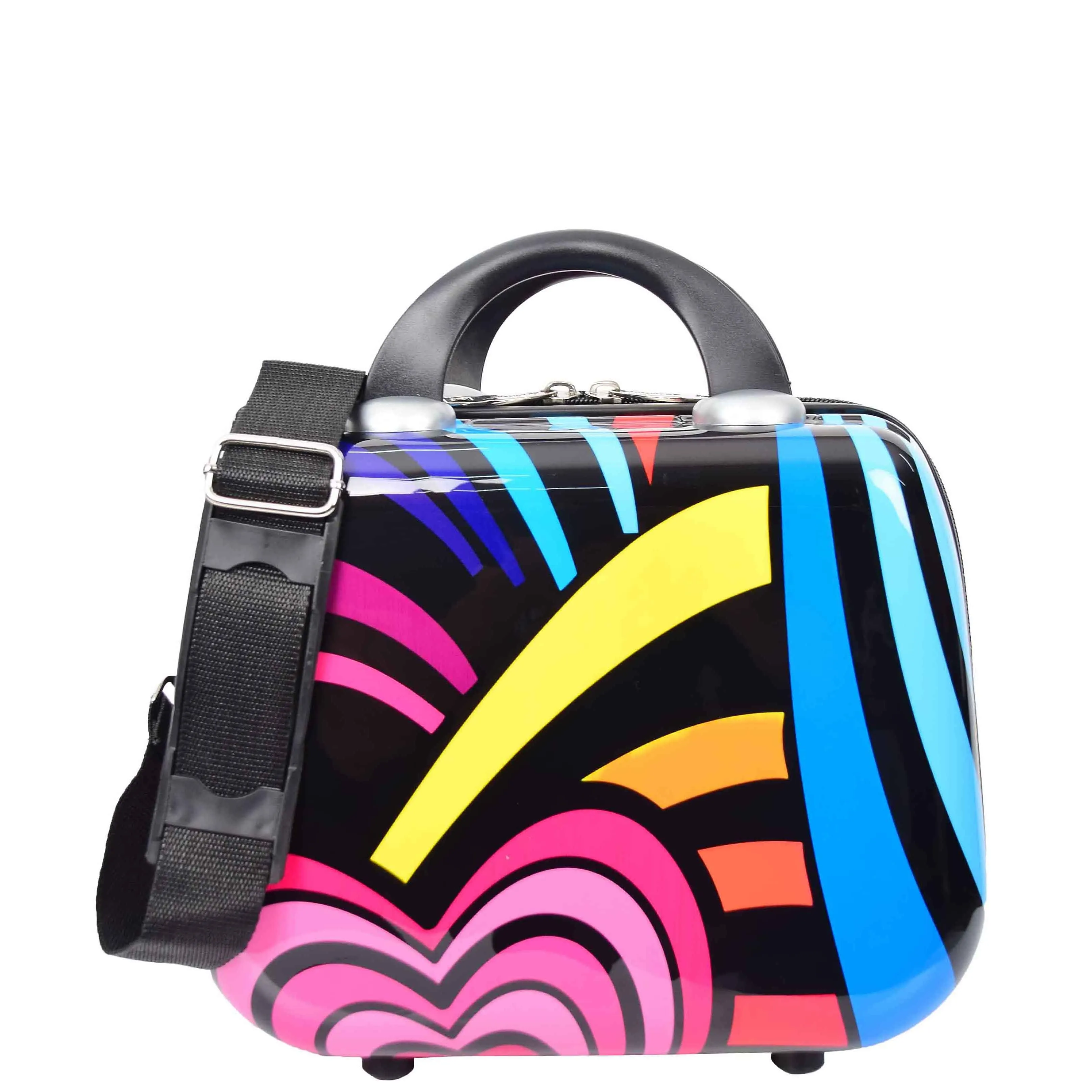Four Wheels Multi Hearts Printed Suitcase Cosmos Black