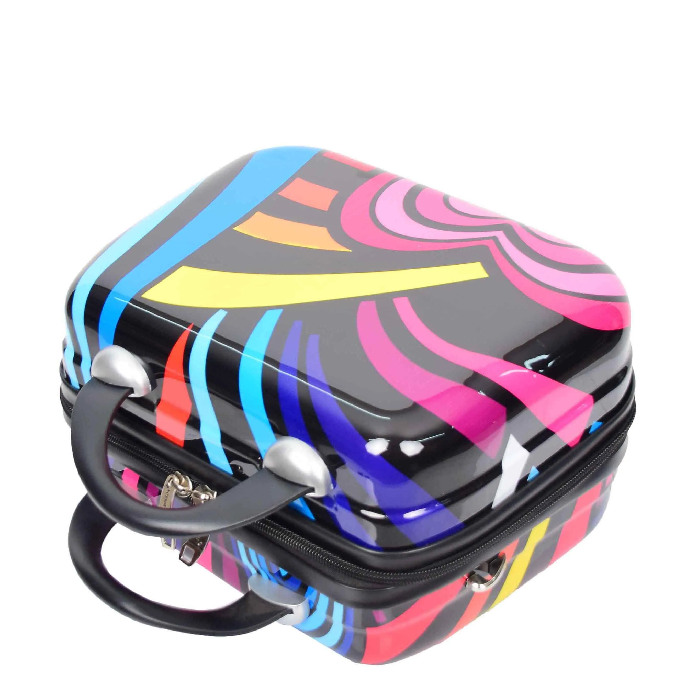 Four Wheels Multi Hearts Printed Suitcase Cosmos Black