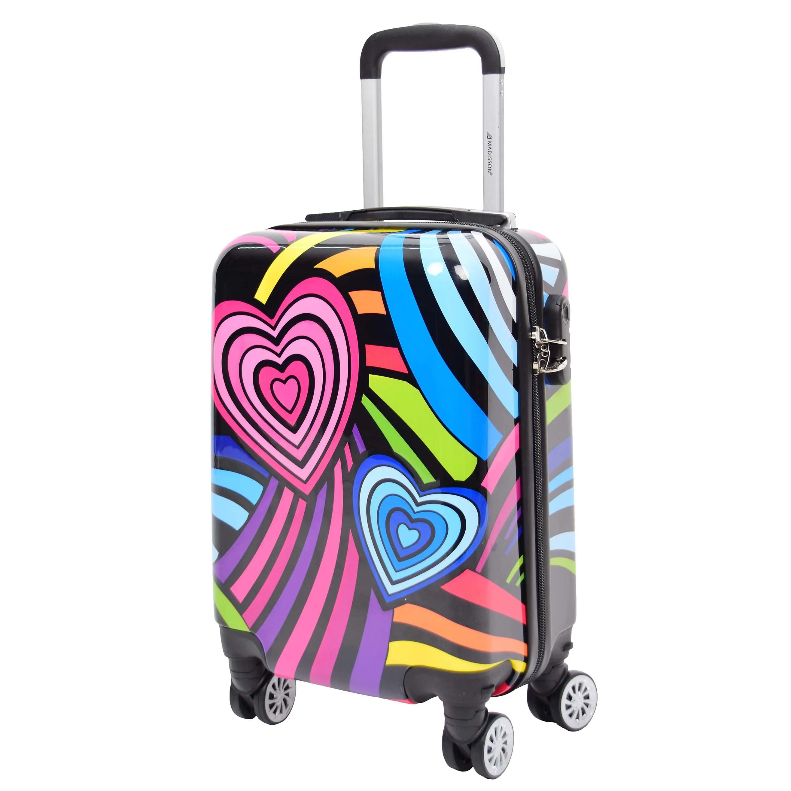 Four Wheels Multi Hearts Printed Suitcase Cosmos Black