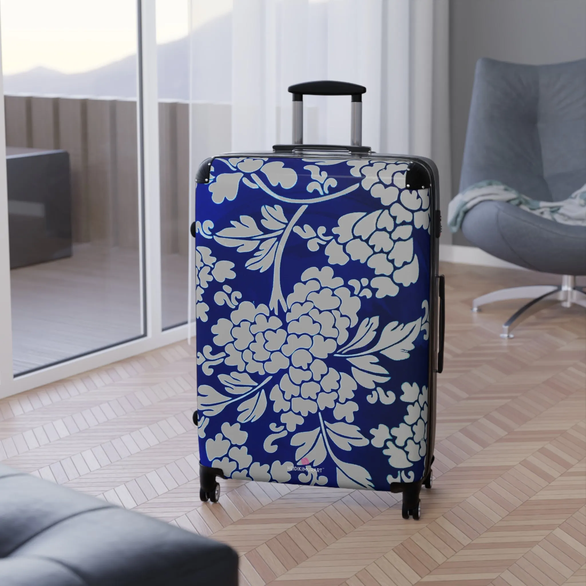 Grey Blue Floral Print Suitcase, Abstract Oriental Style Floral Print Designer Suitcases, Travel Bag Suitcases (Small, Medium, Large)