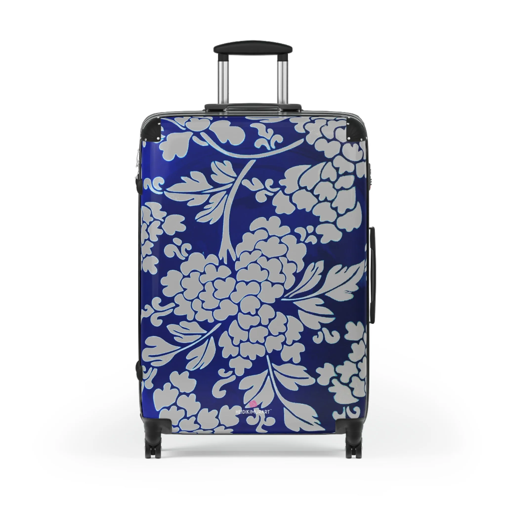 Grey Blue Floral Print Suitcase, Abstract Oriental Style Floral Print Designer Suitcases, Travel Bag Suitcases (Small, Medium, Large)