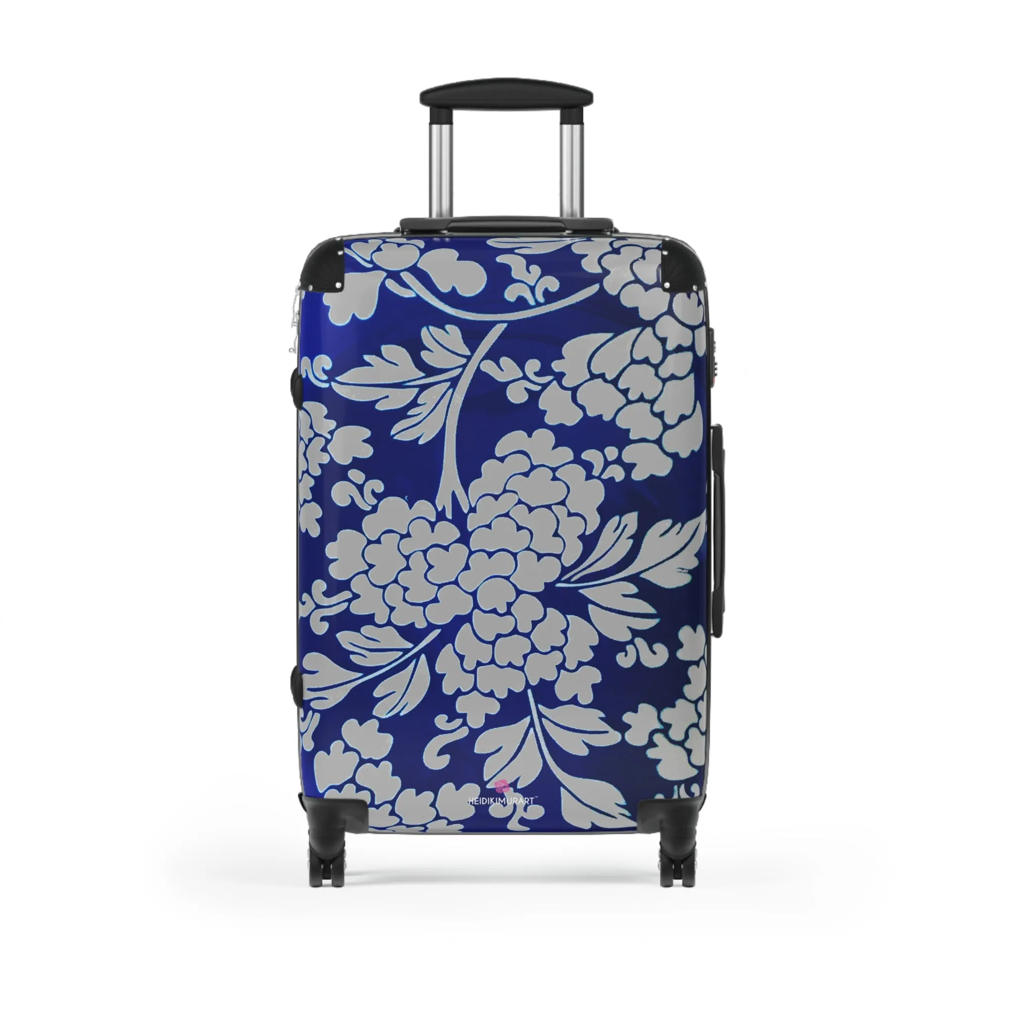 Grey Blue Floral Print Suitcase, Abstract Oriental Style Floral Print Designer Suitcases, Travel Bag Suitcases (Small, Medium, Large)