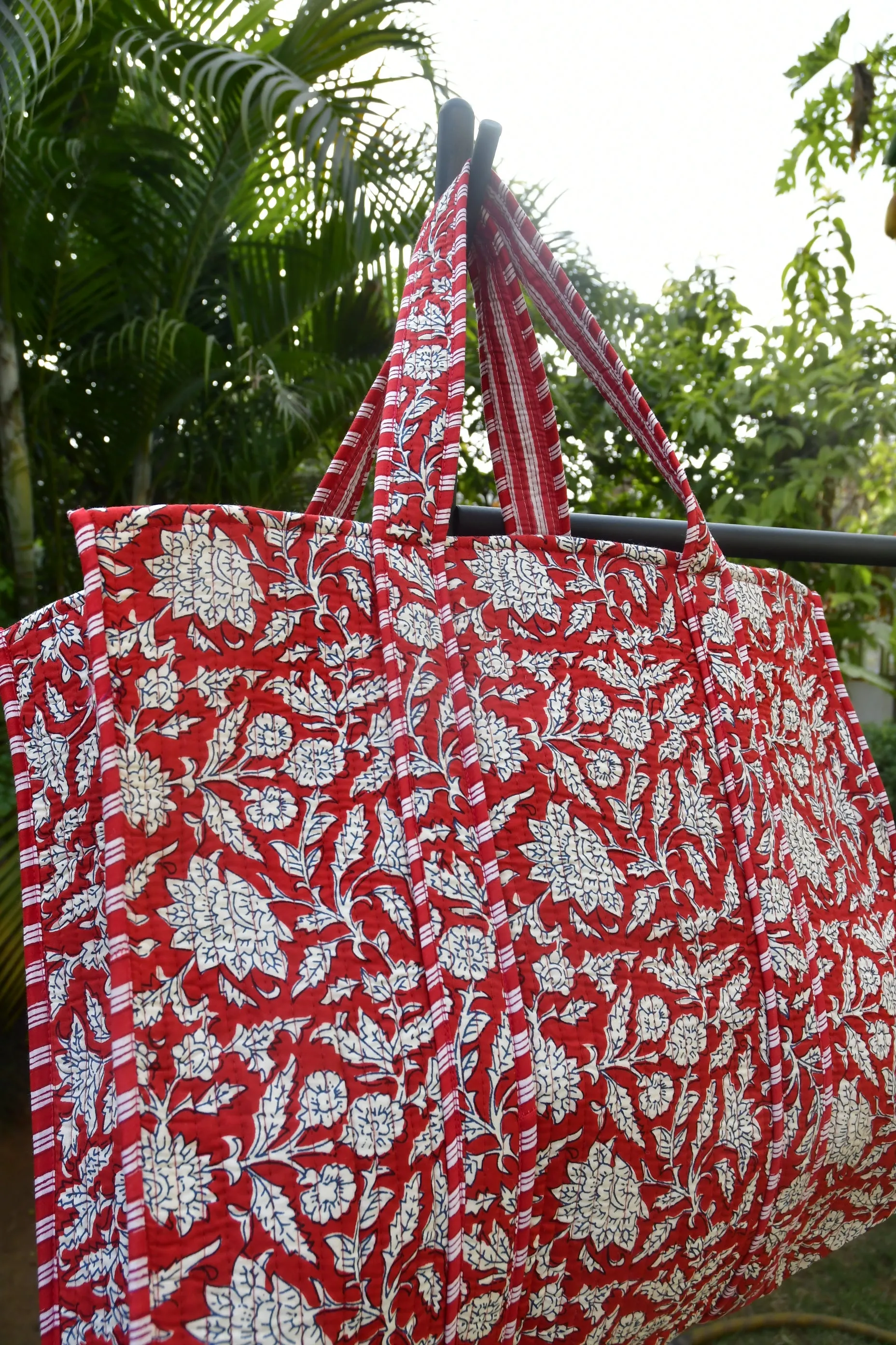 Happy Red Floral Tote Bag: Hand-Blocked Joy for Everyday