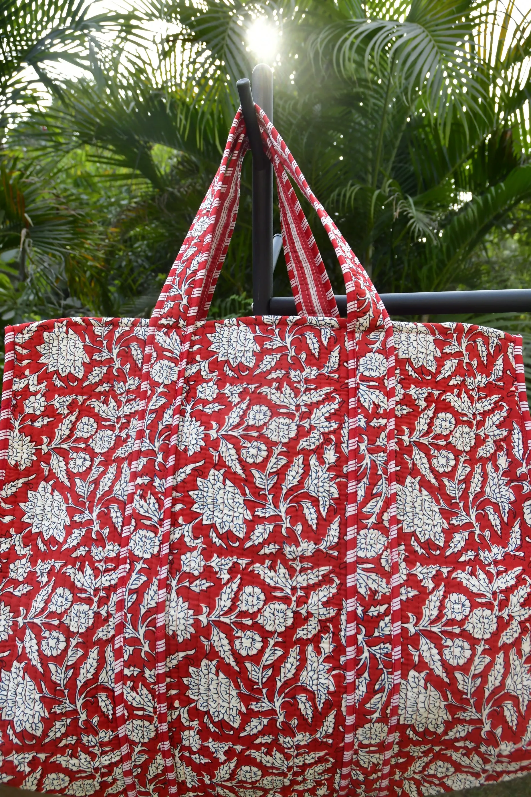 Happy Red Floral Tote Bag: Hand-Blocked Joy for Everyday