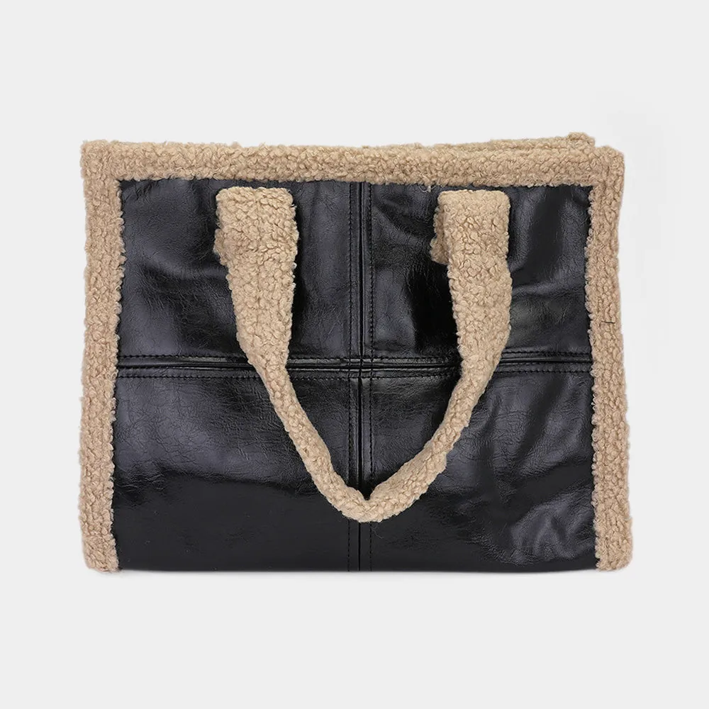 iLLASPARKZ Fleece Trim Faux Leather Tote Bag / Crossbody Bag