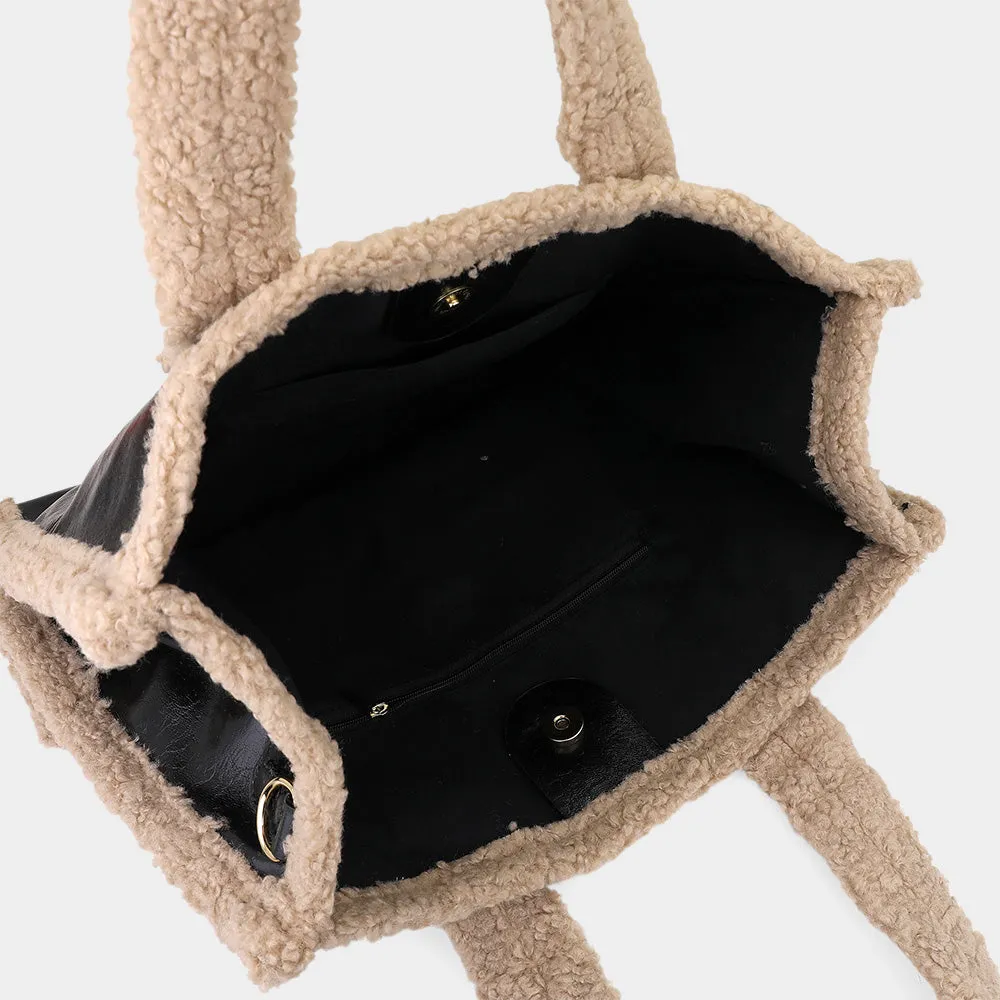 iLLASPARKZ Fleece Trim Faux Leather Tote Bag / Crossbody Bag