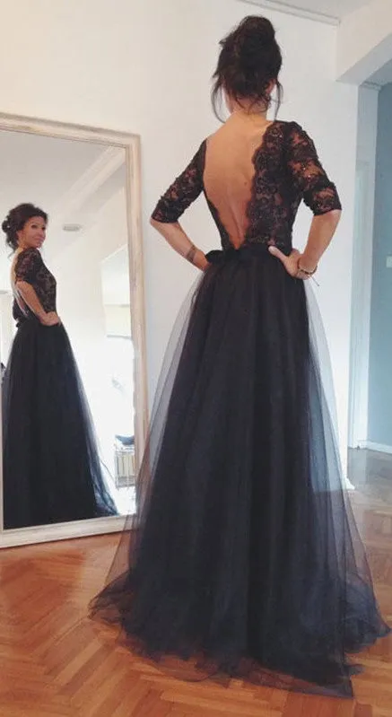 Long V-back Black Tulle and Lace Evening Party Dress