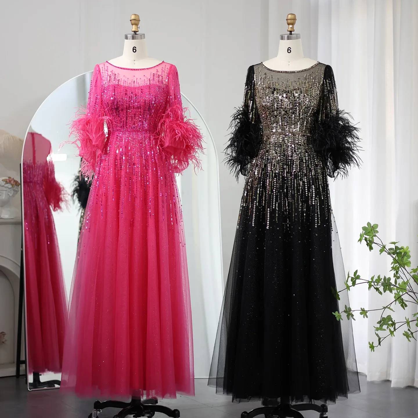 Luxury Feathers Black Half Sleeve Evening Dress SS339