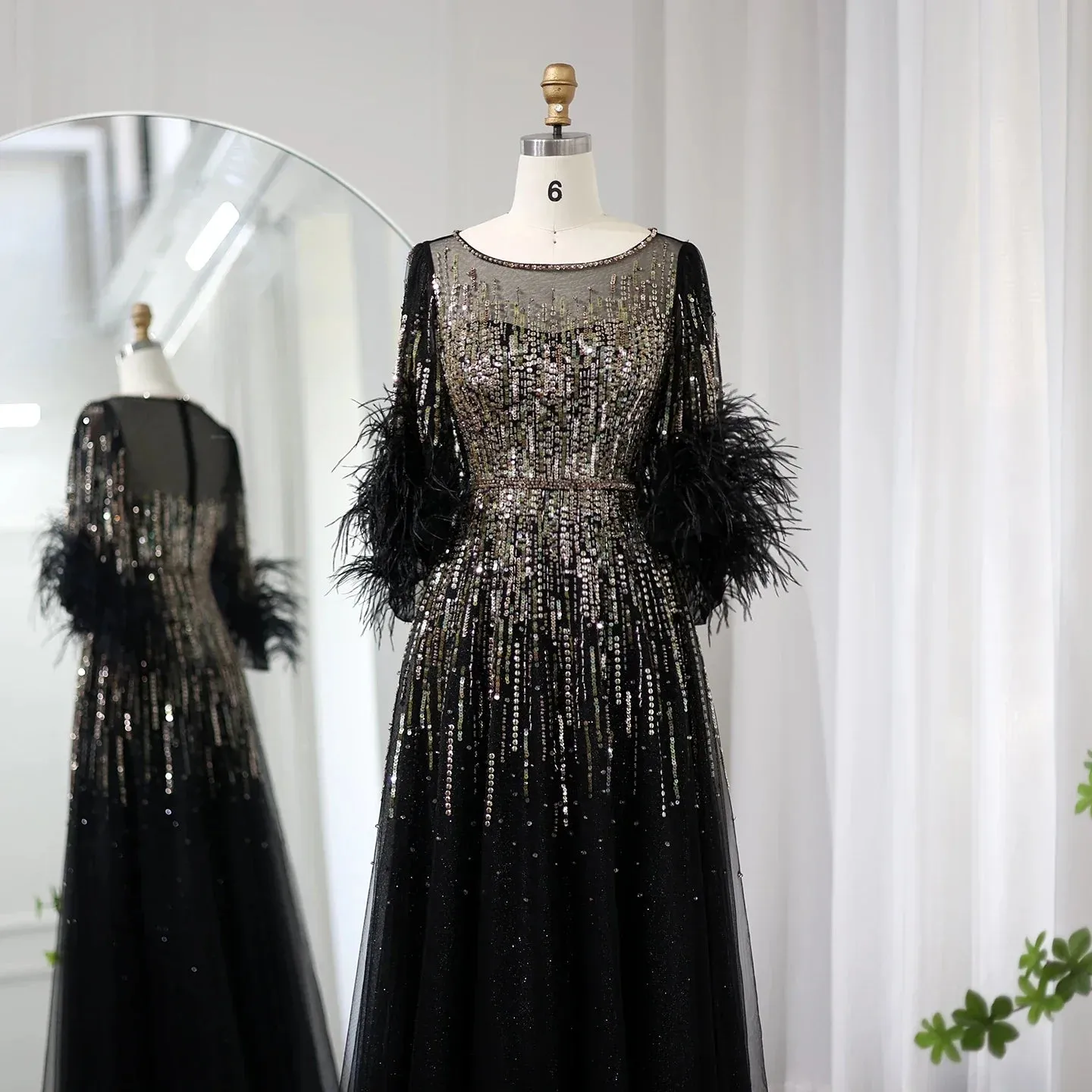 Luxury Feathers Black Half Sleeve Evening Dress SS339