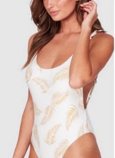 S-L Swimsuit: Faded Feathers ruffled one-piece ( white cream beige gold ivory ) summer women pool beach