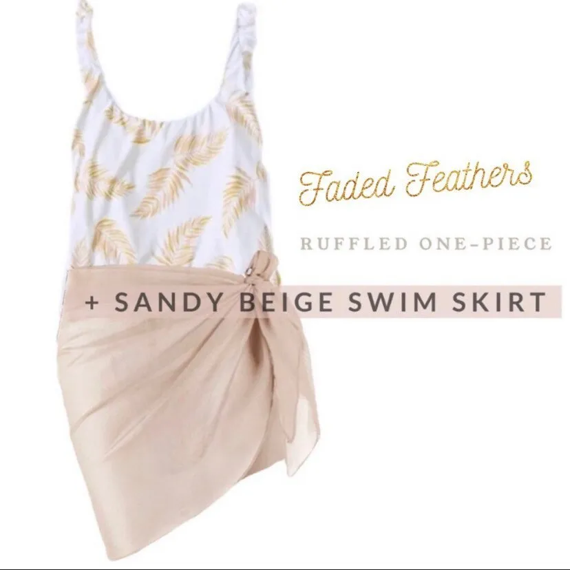 S-L Swimsuit: Faded Feathers ruffled one-piece ( white cream beige gold ivory ) summer women pool beach