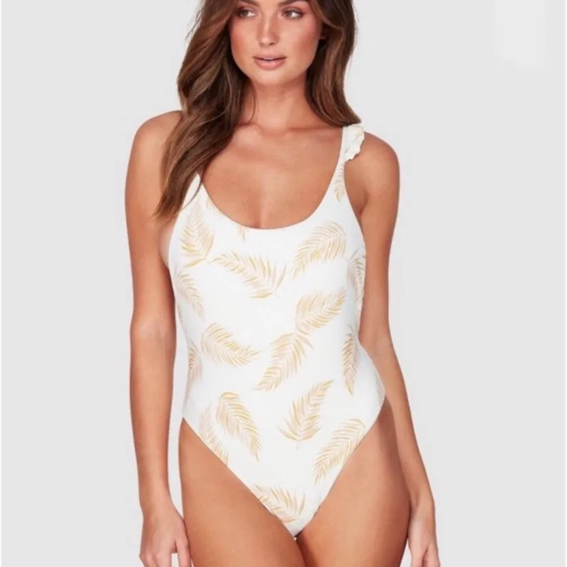 S-L Swimsuit: Faded Feathers ruffled one-piece ( white cream beige gold ivory ) summer women pool beach