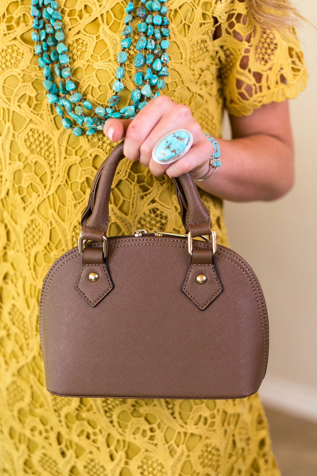 Small Dome Satchel Purse with Two Handles in Khaki