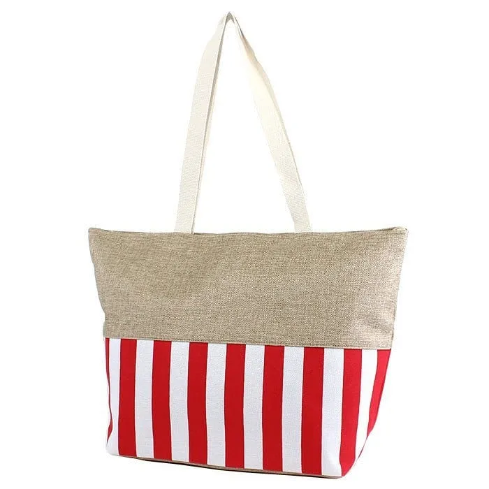 ST18C-1004 Burlap Top Monogrammable Stripes Print Tote/Beach Bag