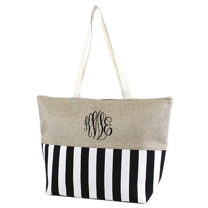 ST18C-1004 Burlap Top Monogrammable Stripes Print Tote/Beach Bag