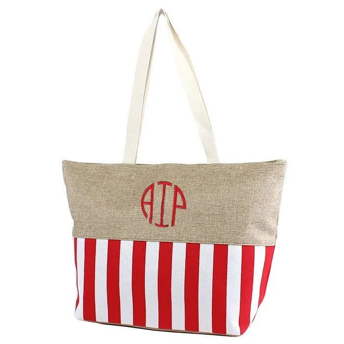 ST18C-1004 Burlap Top Monogrammable Stripes Print Tote/Beach Bag