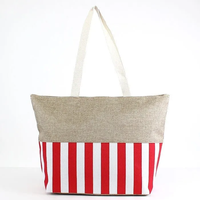 ST18C-1004 Burlap Top Monogrammable Stripes Print Tote/Beach Bag