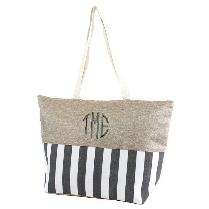 ST18C-1004 Burlap Top Monogrammable Stripes Print Tote/Beach Bag