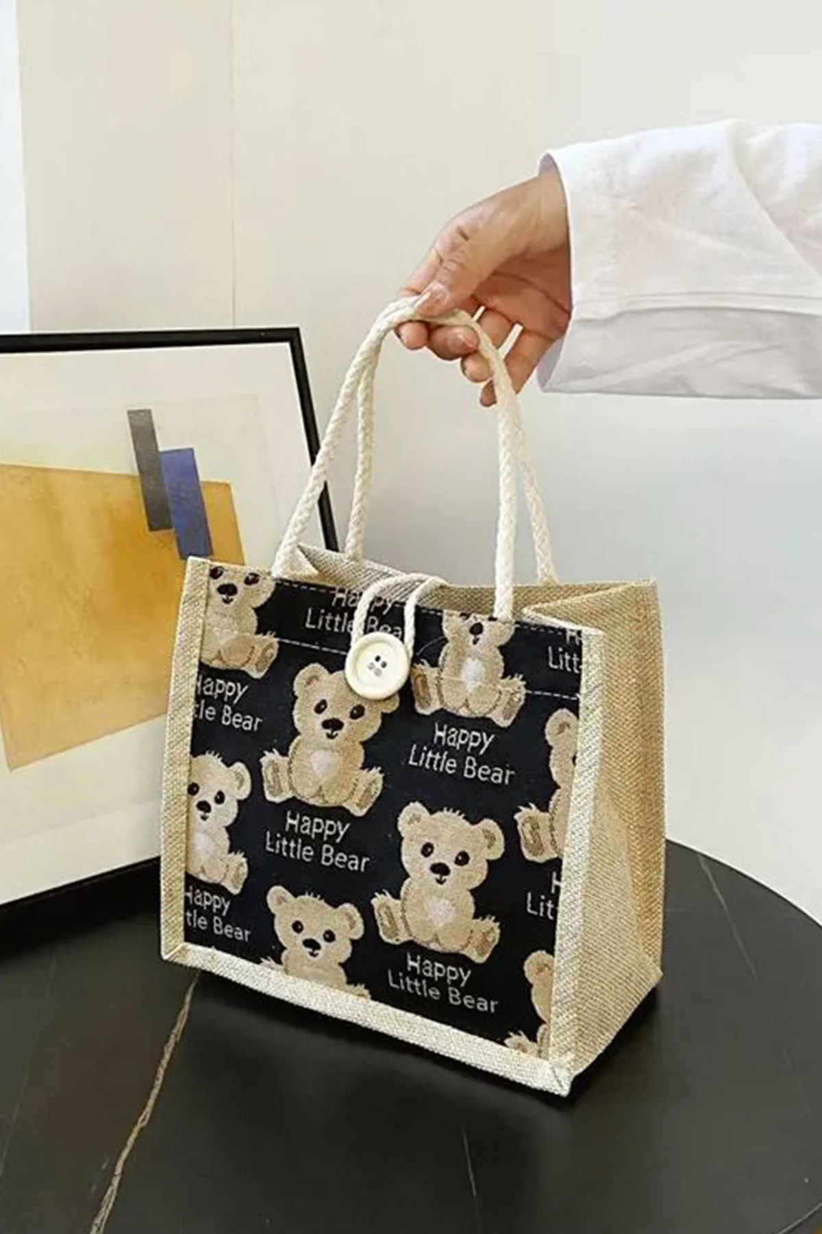 Teddy Bear Printed Tote Bag (Black) - A23 - WHB0032
