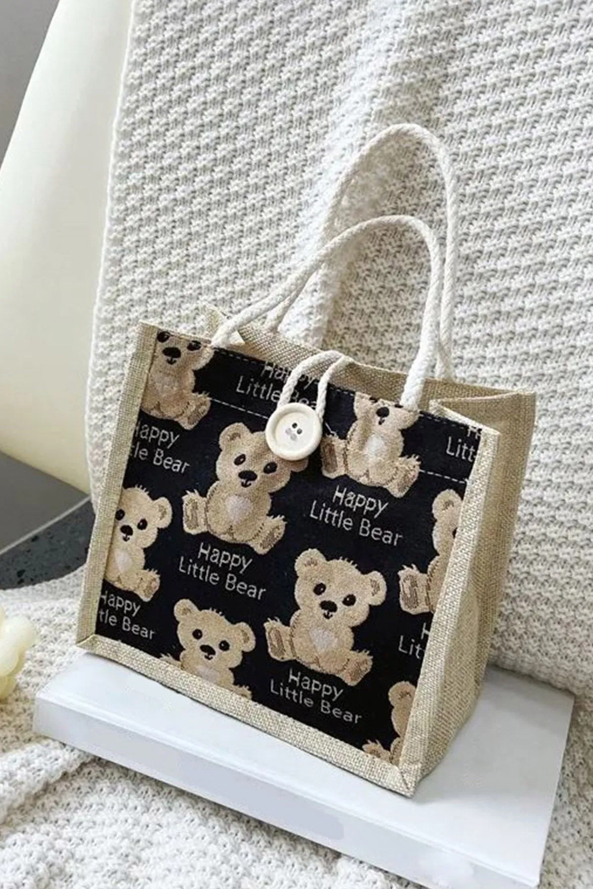Teddy Bear Printed Tote Bag (Black) - A23 - WHB0032