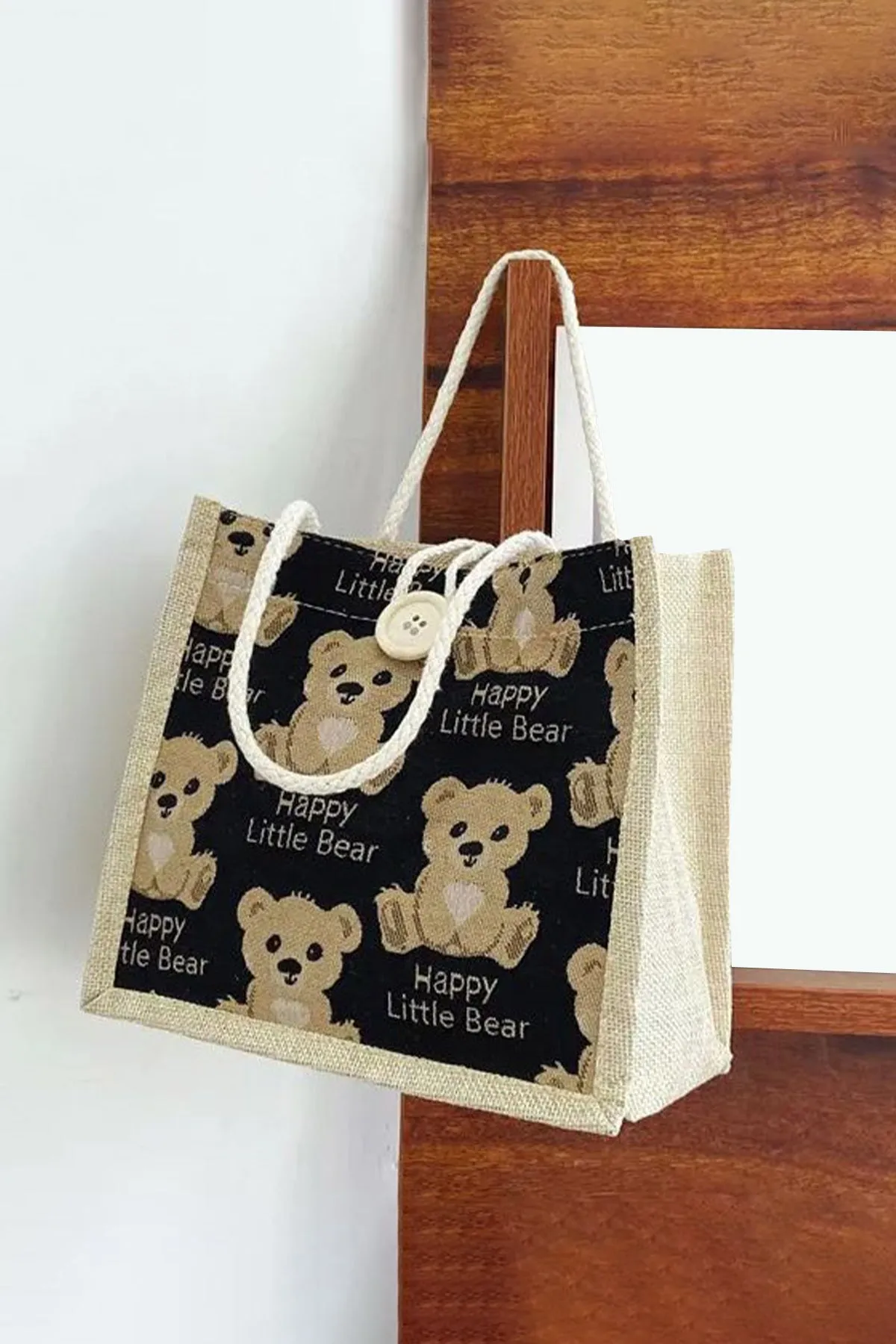 Teddy Bear Printed Tote Bag (Black) - A23 - WHB0032